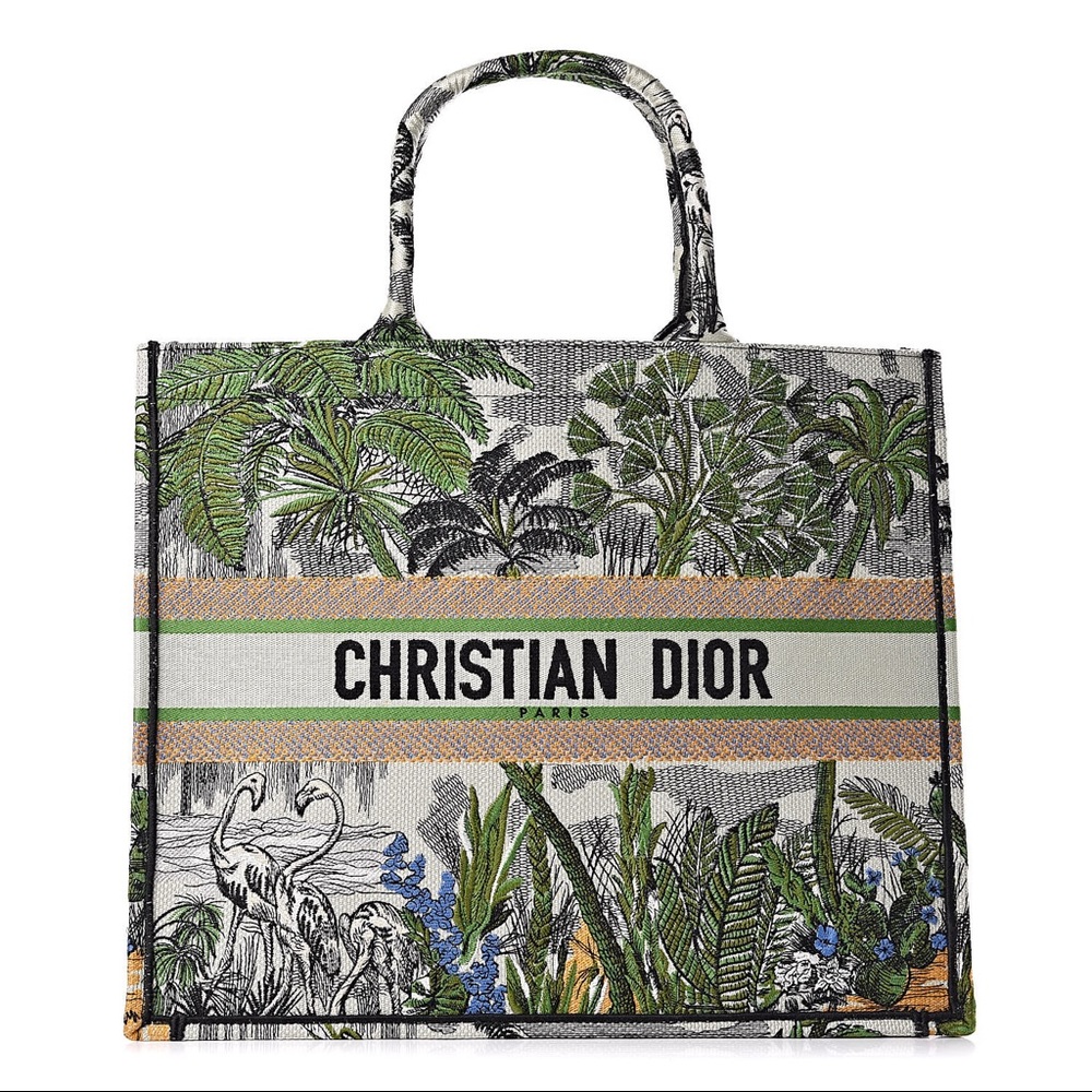 CHRISTIAN DIOR Canvas Embroidered Toile De Jouy Tropicalia Book Tote in Green